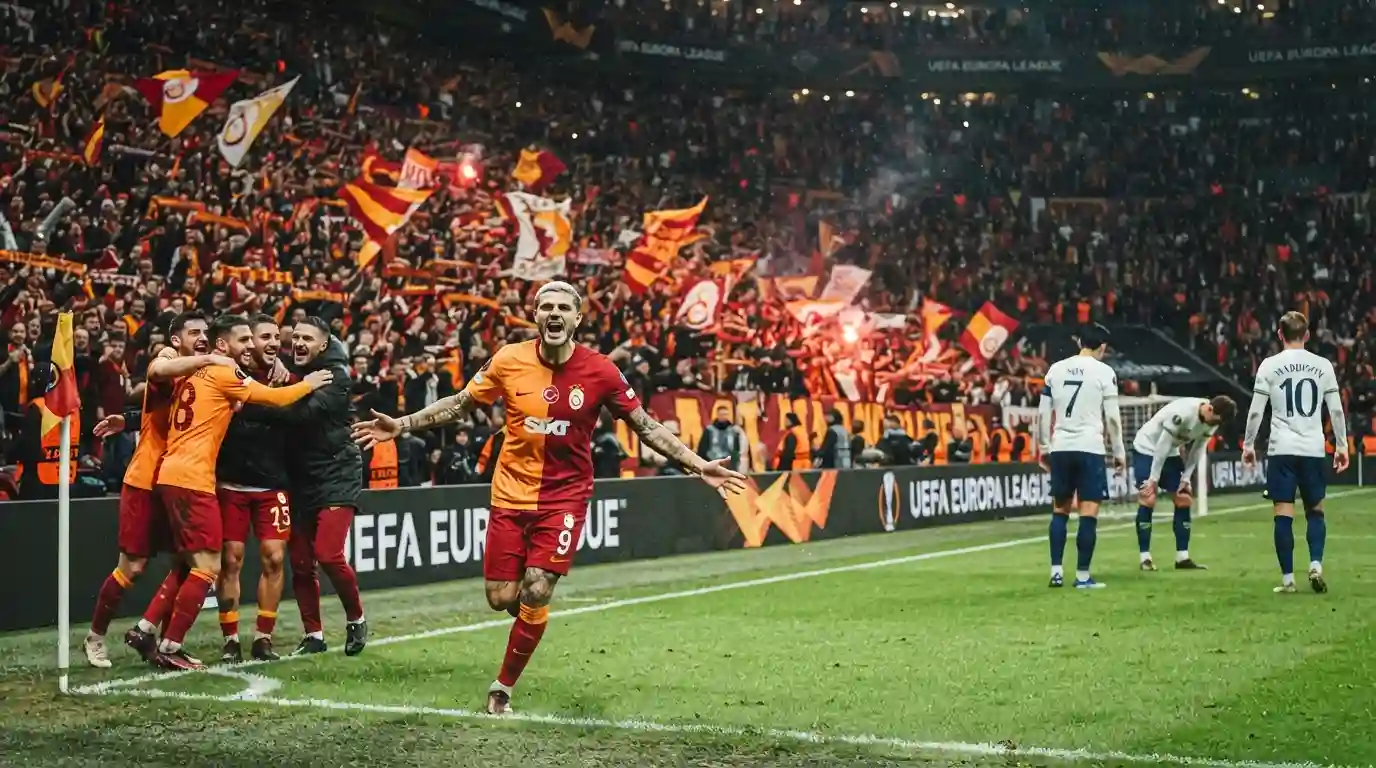 Galatasaray players celebrate during a dramatic Europa League match against Tottenham in Istanbul