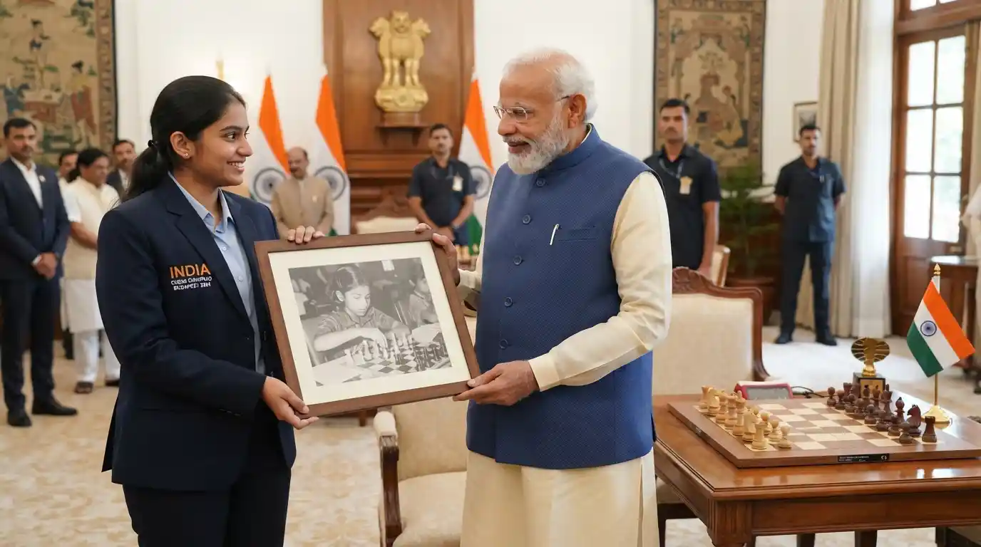 Narendra Modi receives a special photograph from chess player Vantika Agarwal after India’s Chess Olympiad double-gold victory.