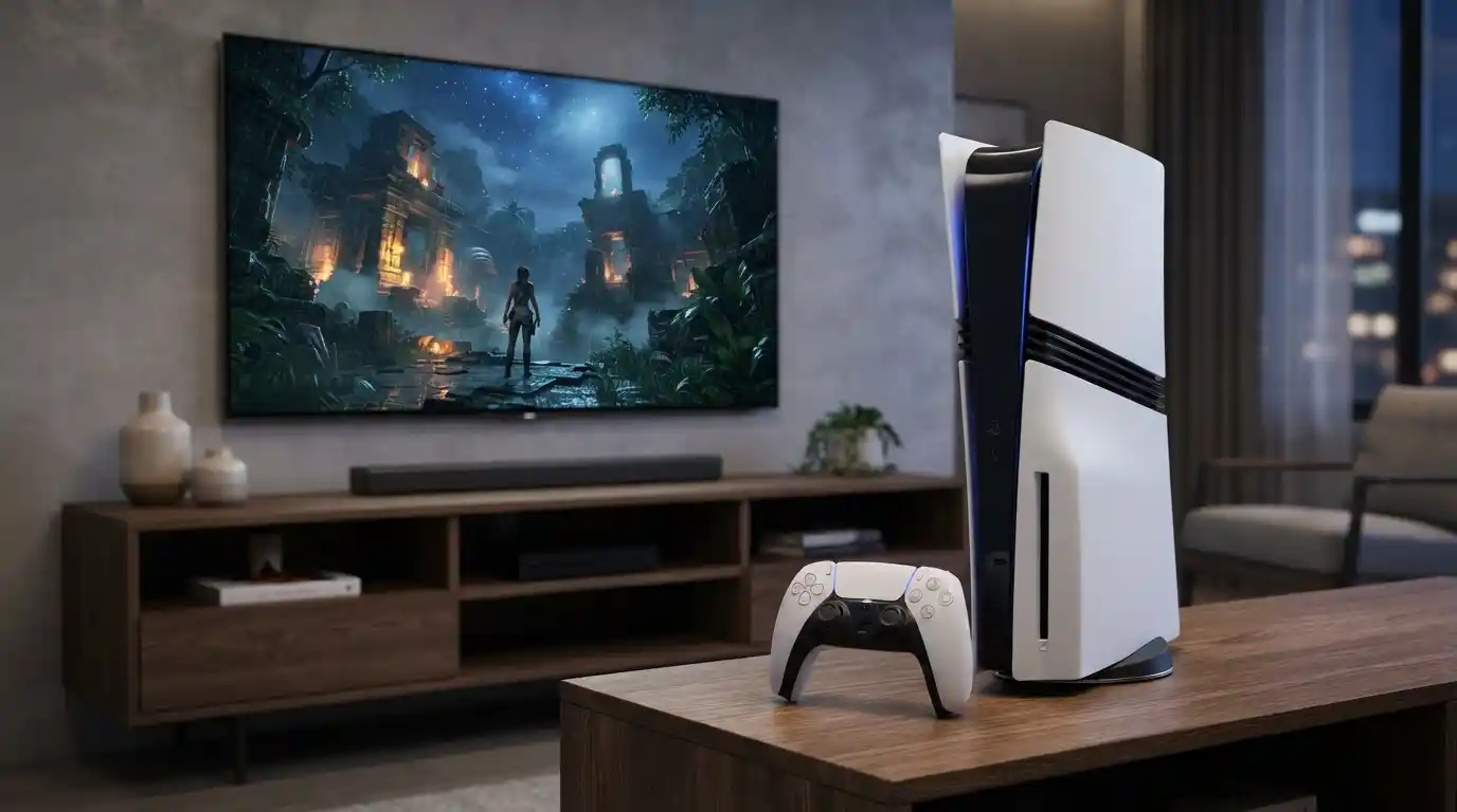 PS5 Pro-style console with a wireless controller in front of a 4K gaming display
