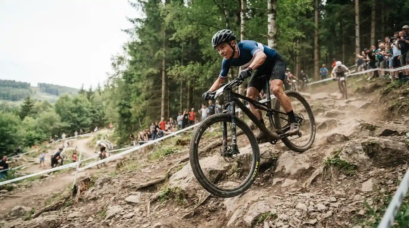 Tom Pidcock racing a mountain bike through a technical cross-country course
