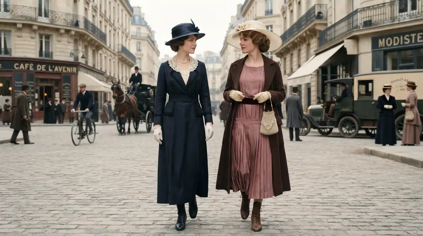 Two women wearing elegant 1919-style dresses, hats, gloves, and period accessories