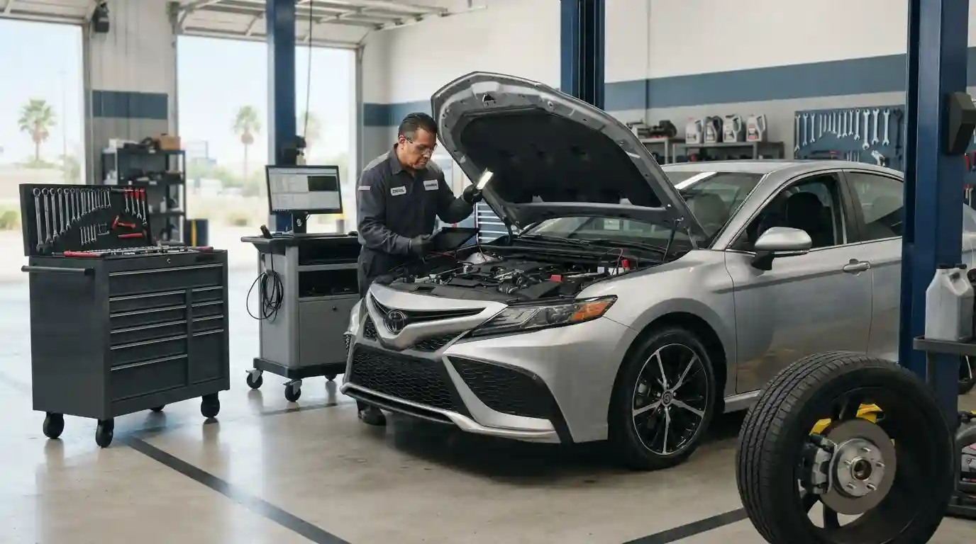 Mechanic inspecting a passenger vehicle inside a professional auto service workshop