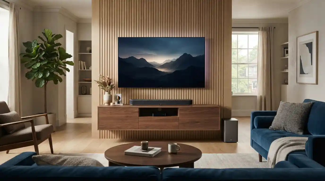 Modern wireless soundbar positioned beneath a television in a contemporary living room