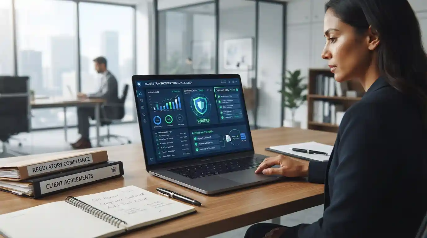 Modern financial compliance workspace showing secure transactions, legal documents, and verified payment activity