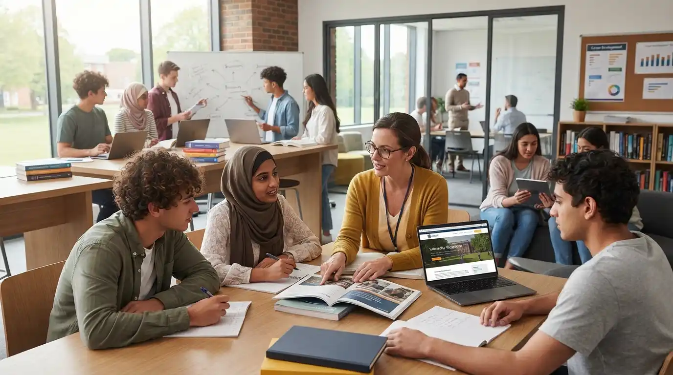 Students and educators exploring different learning and career pathways in a modern educational setting.