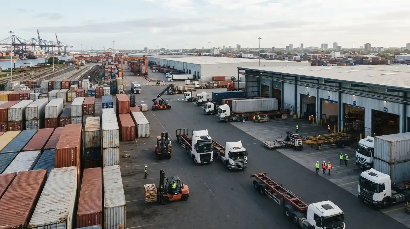 Modern logistics hub with freight containers, trucks, and warehouse operations representing global supply chain management.