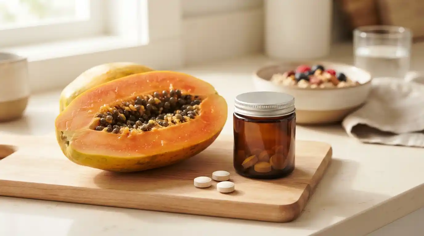 Fresh papaya beside unbranded digestive enzyme tablets on a wellness countertop
