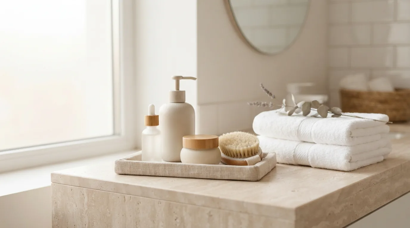 Gentle skincare products and soft towels arranged for an intimate body-care routine