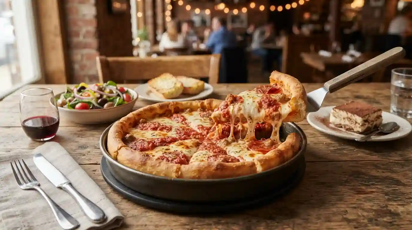 Chicago-style deep-dish pizza served with salad and Italian-American sides at a restaurant table