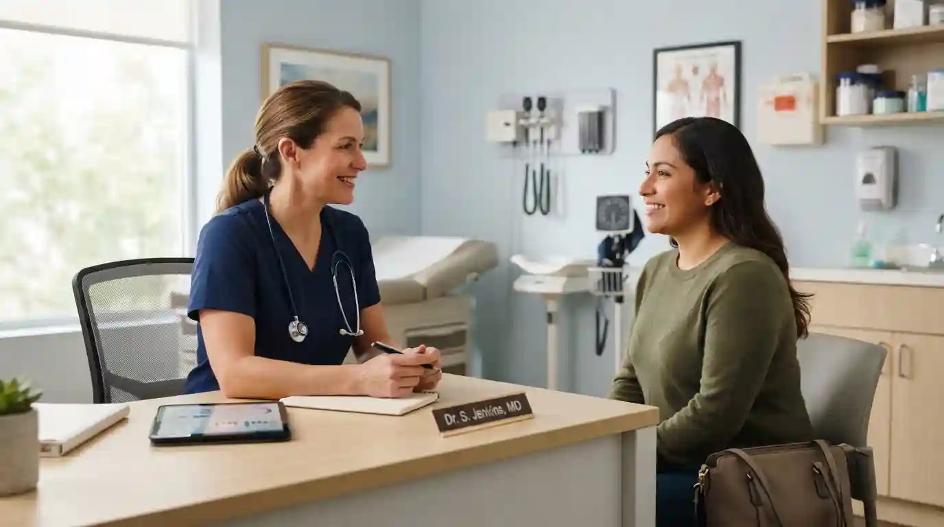 Healthcare professional consulting with a patient in a modern medical clinic