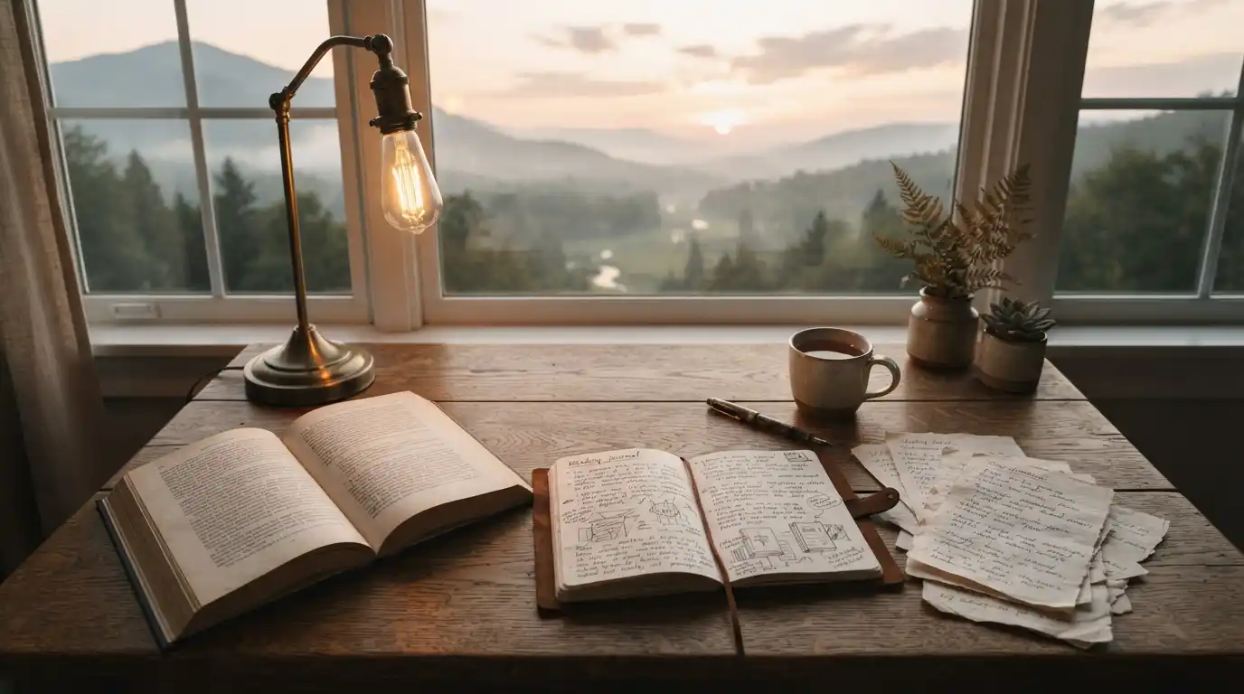 Open book, reading journal, and handwritten notes on a desk beside a window at dawn