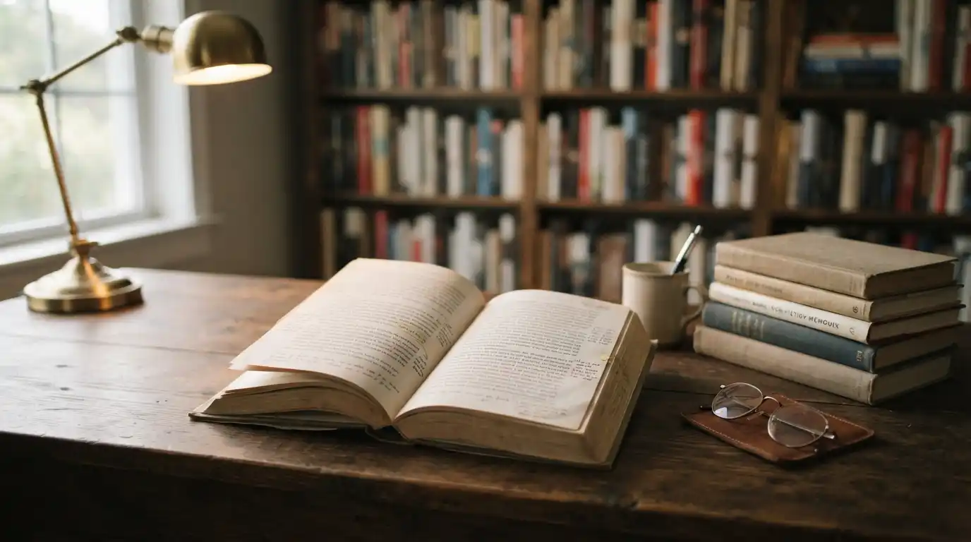Open book and stack of memoirs on a reading desk in a warm home library