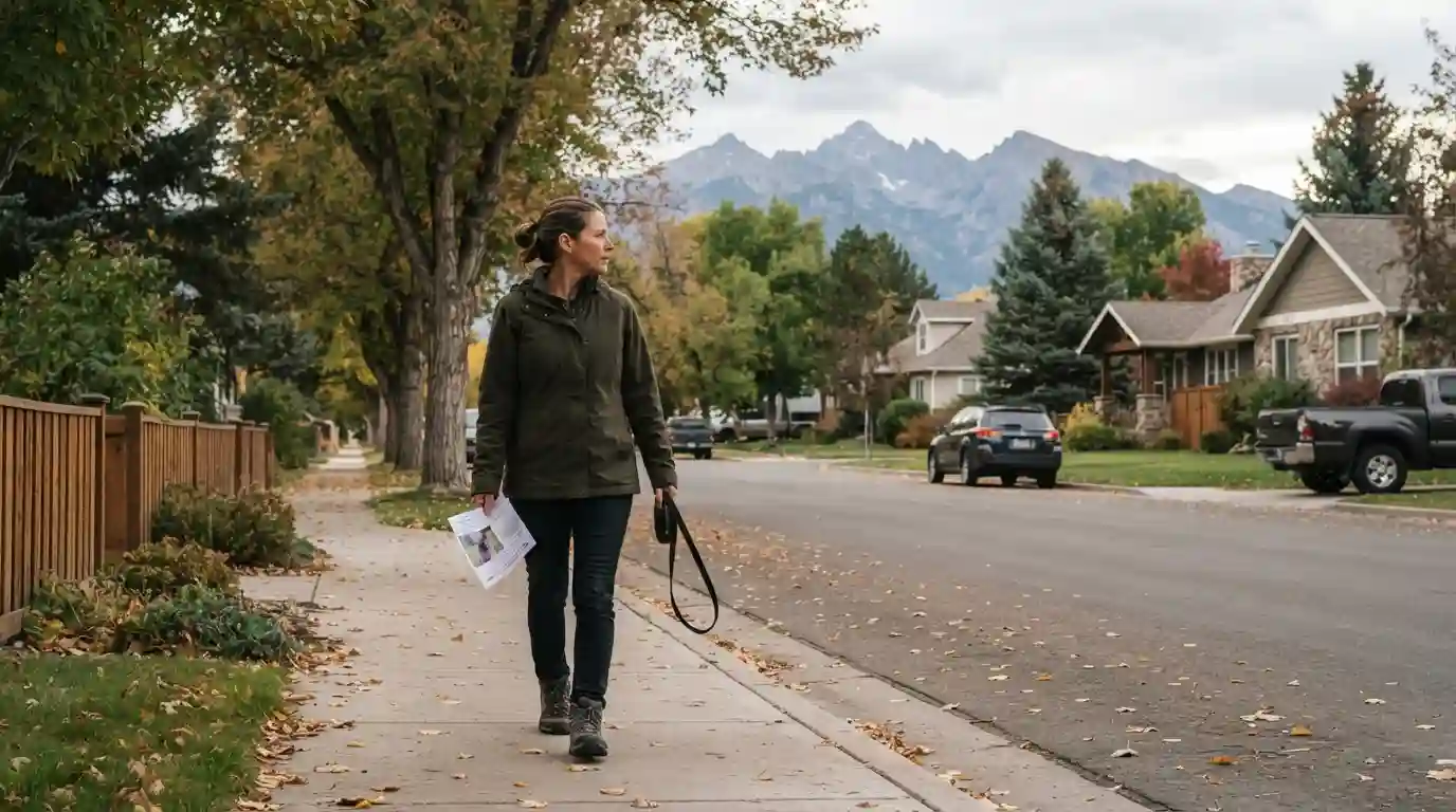 Pet owner searching a Bozeman neighborhood for a missing dog