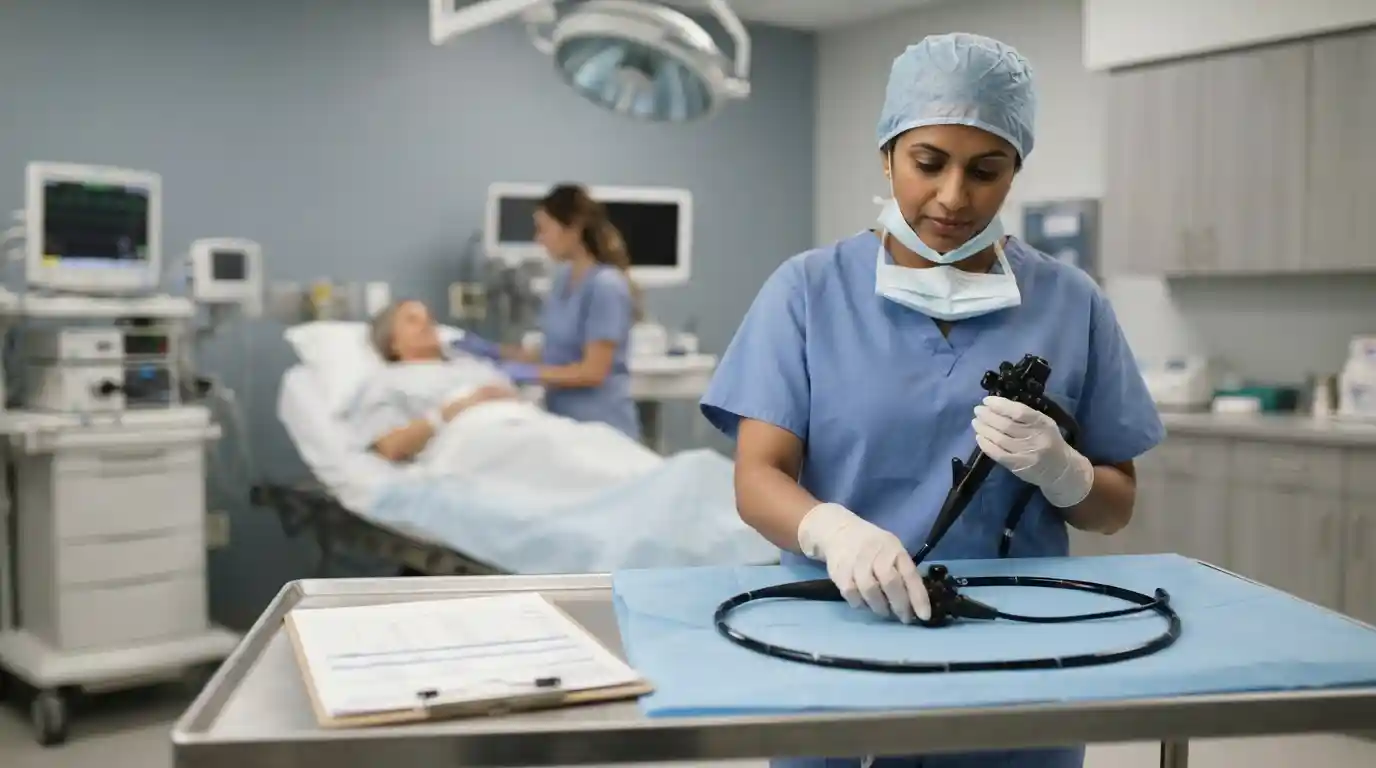 Pulmonologist preparing a bronchoscope in a hospital procedure room with insurance paperwork nearby