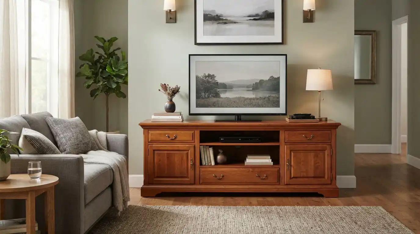 Traditional wooden entertainment console with a television in an organized living room