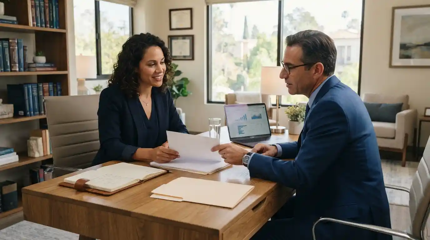 Therapist discussing professional practice questions with a legal consultant in an office setting