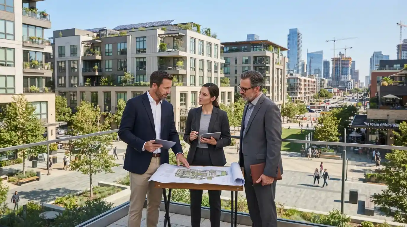 Modern mixed-use real estate development with sustainable features and investors reviewing property opportunities