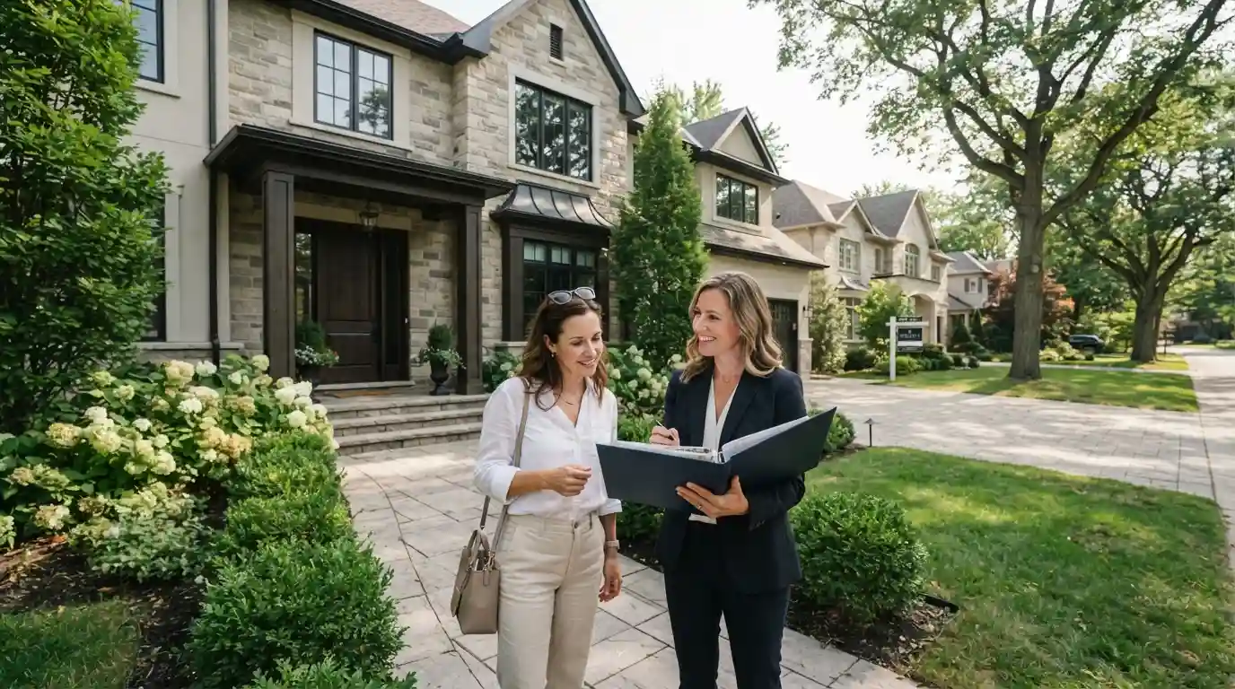 Real estate agent discussing a residential property with a prospective homebuyer outside a modern home.