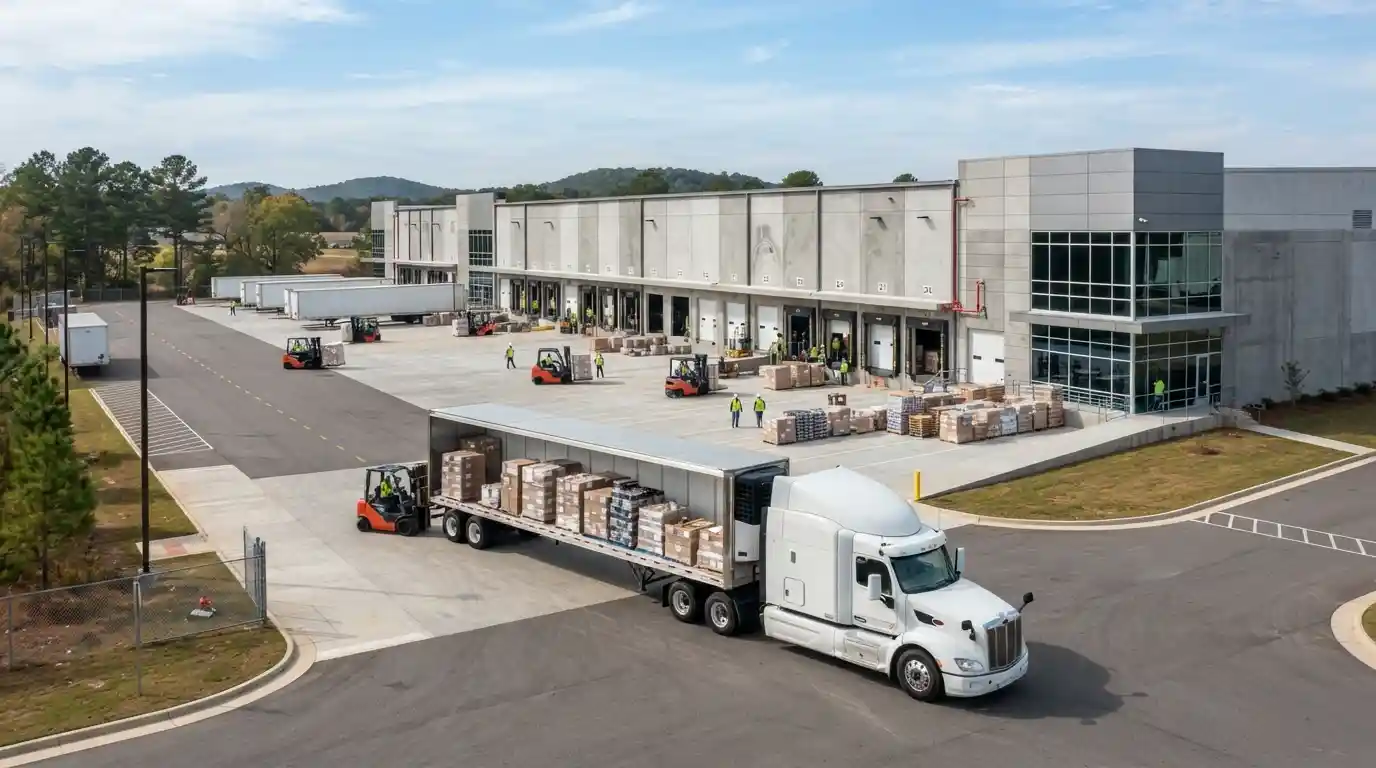 Freight truck positioned beside a modern warehouse in a Mississippi logistics operation