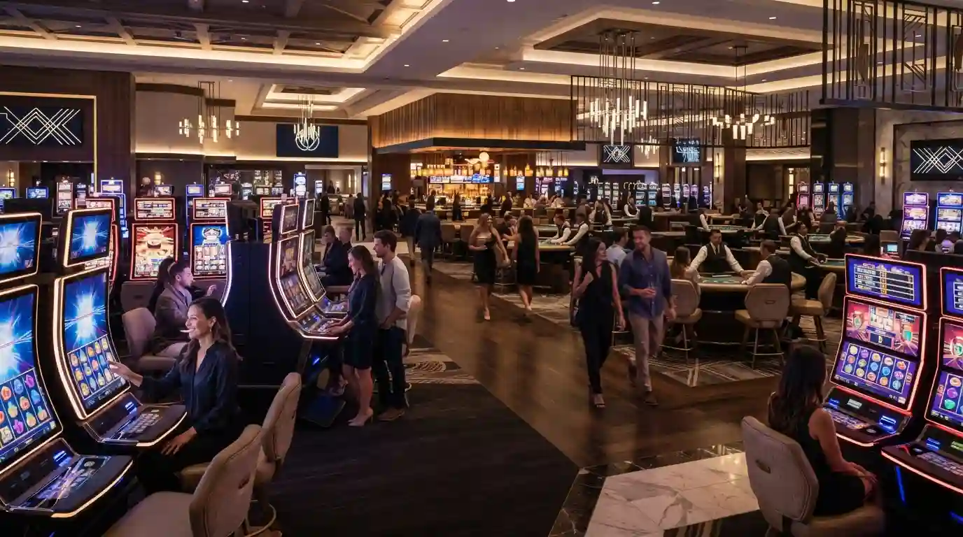 Modern casino interior with gaming machines, tables, and visitors enjoying the entertainment atmosphere