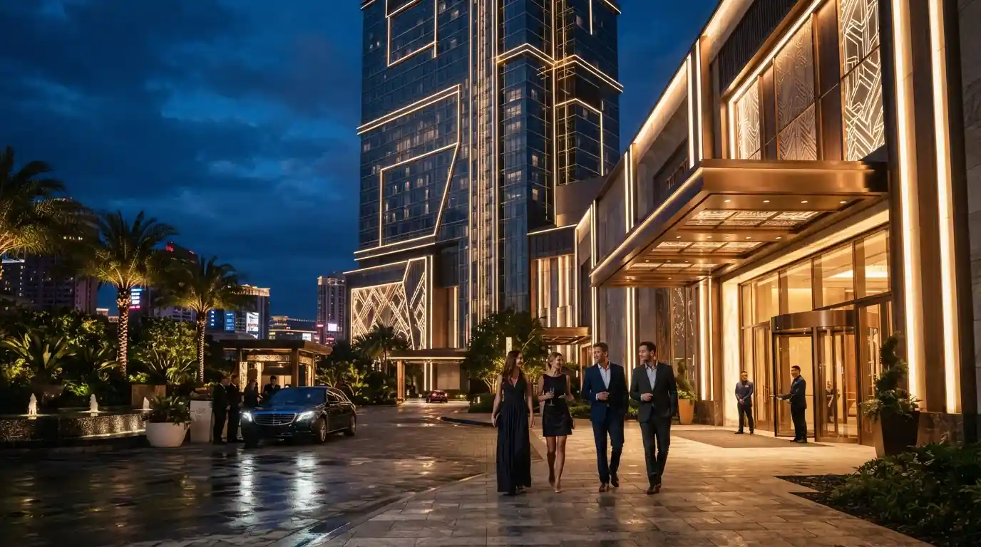 Luxury casino tower exterior illuminated at night with visitors arriving for an evening entertainment experience