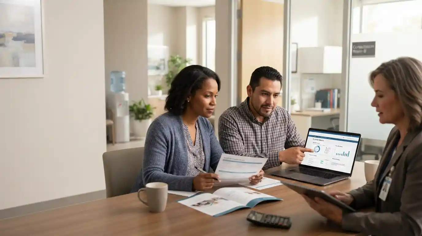 A family reviewing healthcare coverage information with a medical professional in a modern healthcare setting.