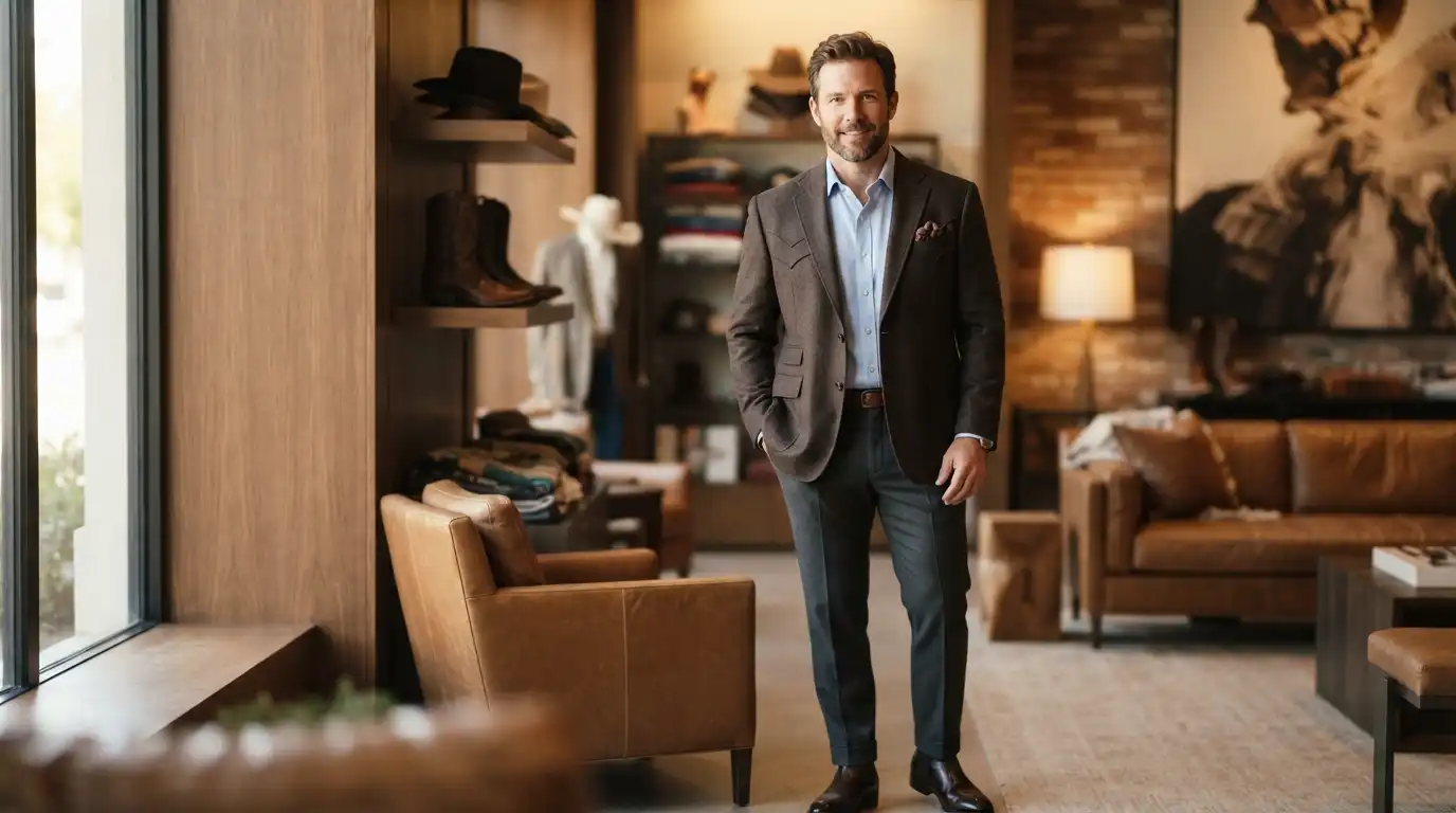 Man wearing a refined Western-inspired sport coat with a button-down shirt and tailored trousers