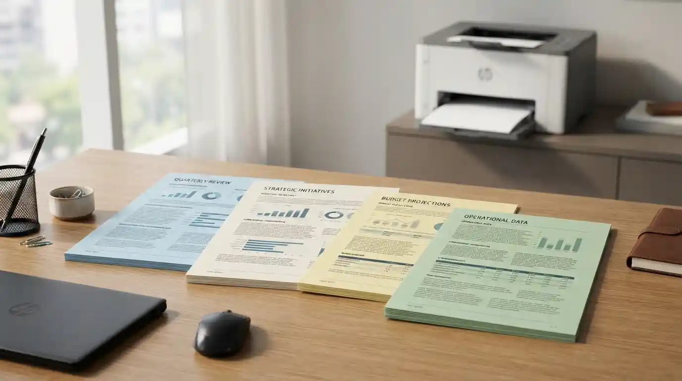 Colored legal-size papers arranged on a professional office desk beside a printer