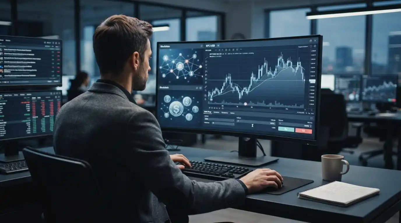 Trader analyzing cryptocurrency price movements on a CFD trading workstation