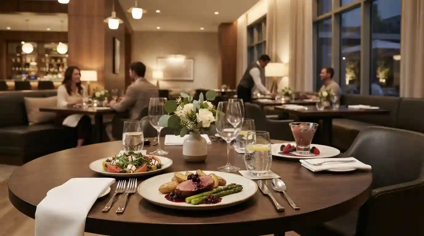 Elegant hotel restaurant table with a prepared entrée, side dish, dessert, and beverage in a warmly lit dining room