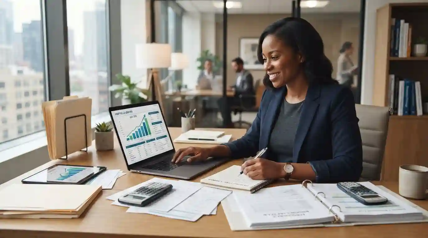 Financial professional reviewing personal and business financial planning documents at a modern office desk