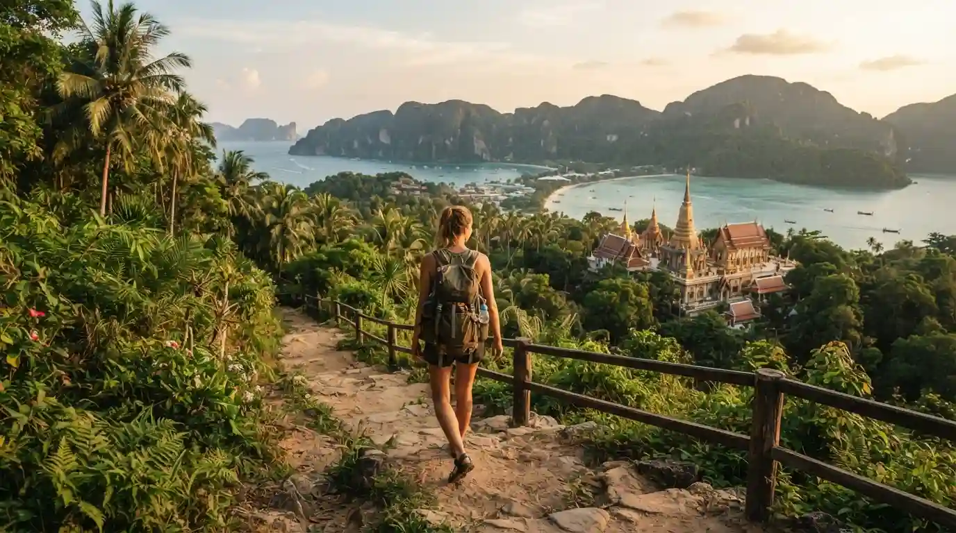 Traveler exploring a scenic Thai landscape with a traditional temple and tropical surroundings
