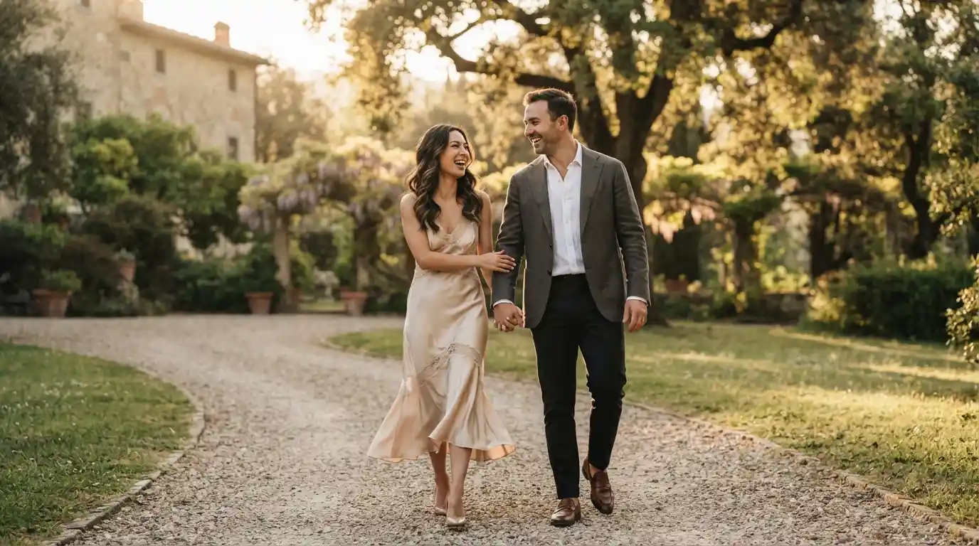 Engaged couple walking together during a romantic golden-hour photoshoot
