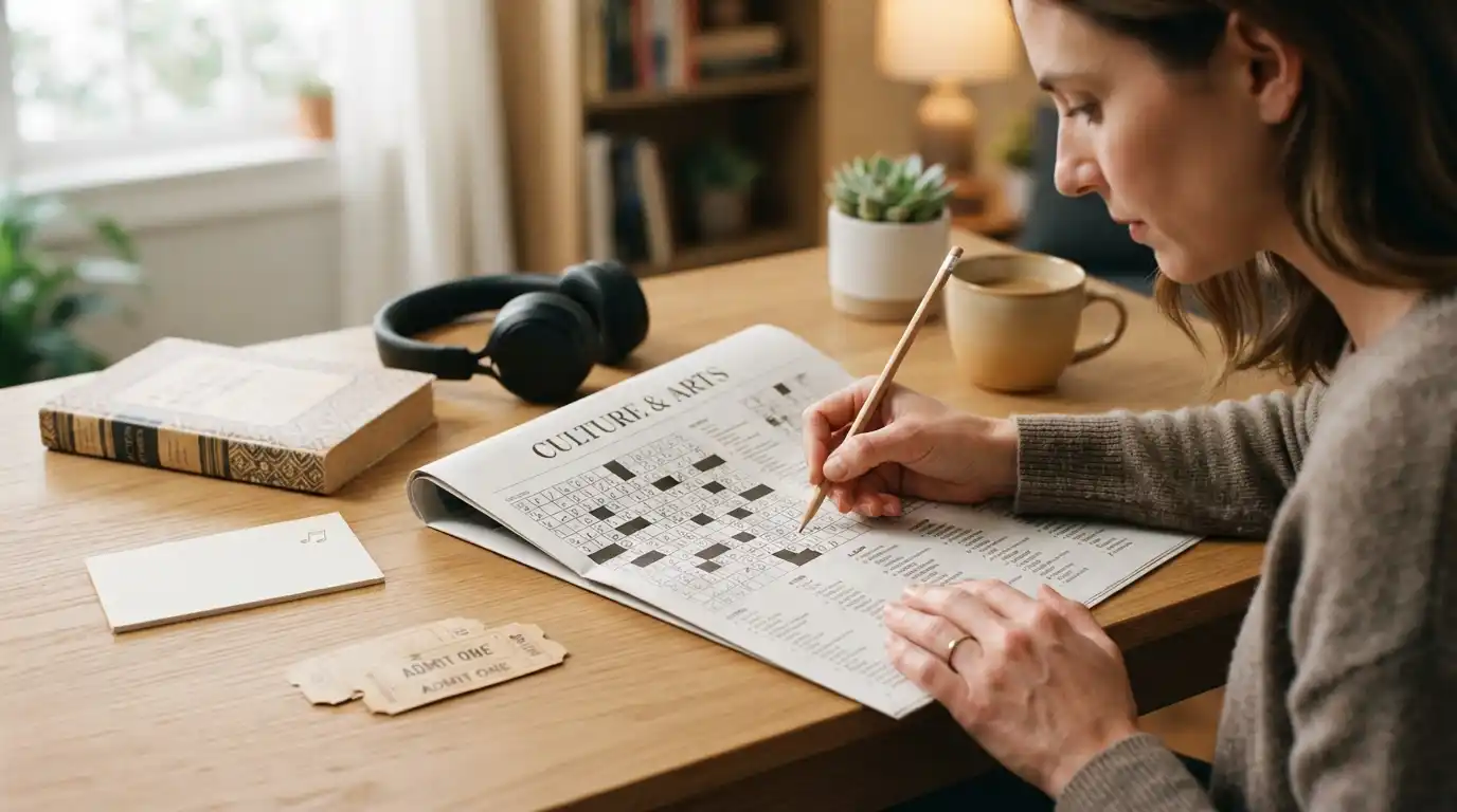 Person solving an entertainment-themed crossword puzzle with music, movie, and book elements nearby