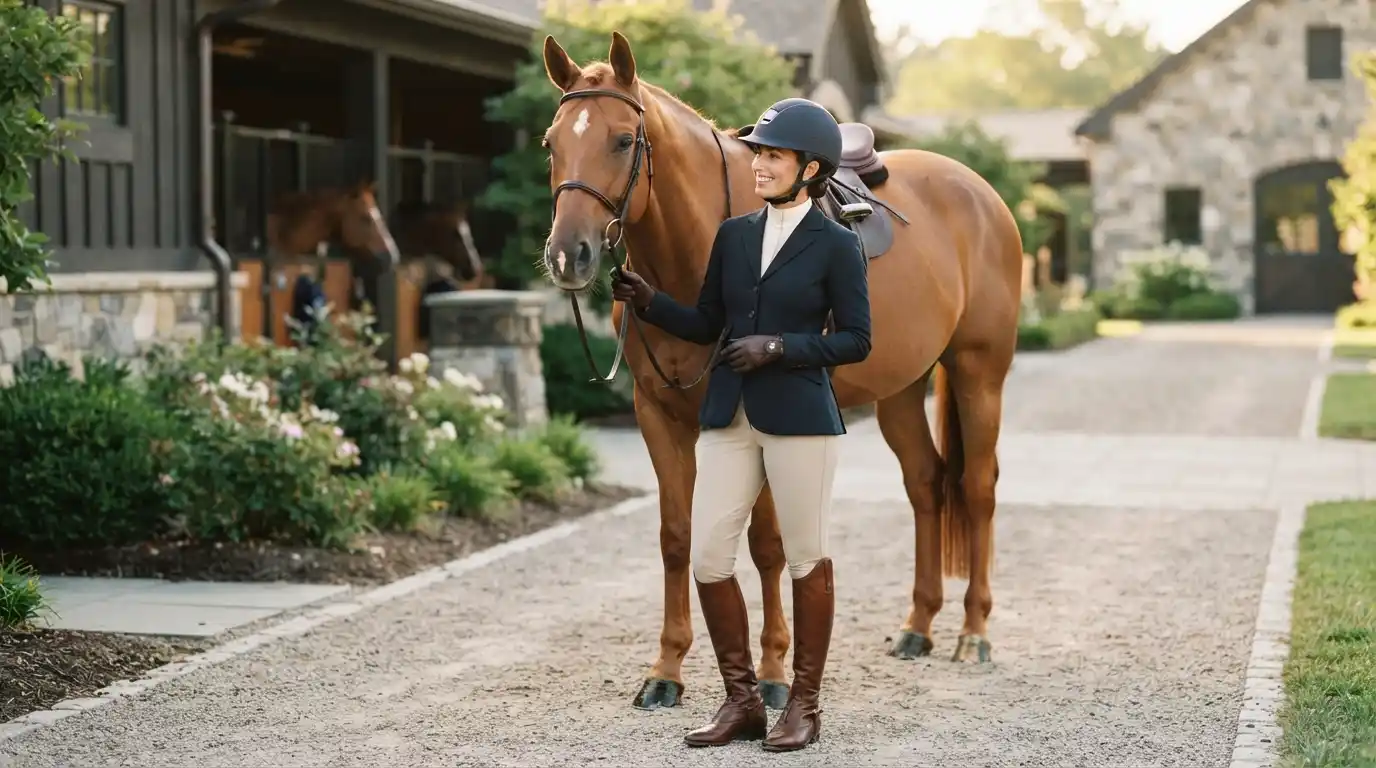Stylish equestrian rider wearing a tailored riding jacket, breeches, boots, gloves, and helmet beside a horse