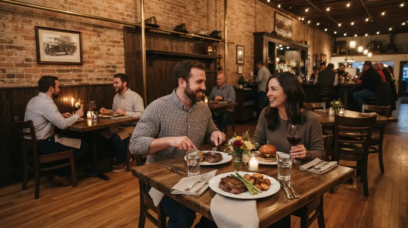 Historic firehouse-style restaurant interior with diners enjoying an evening meal