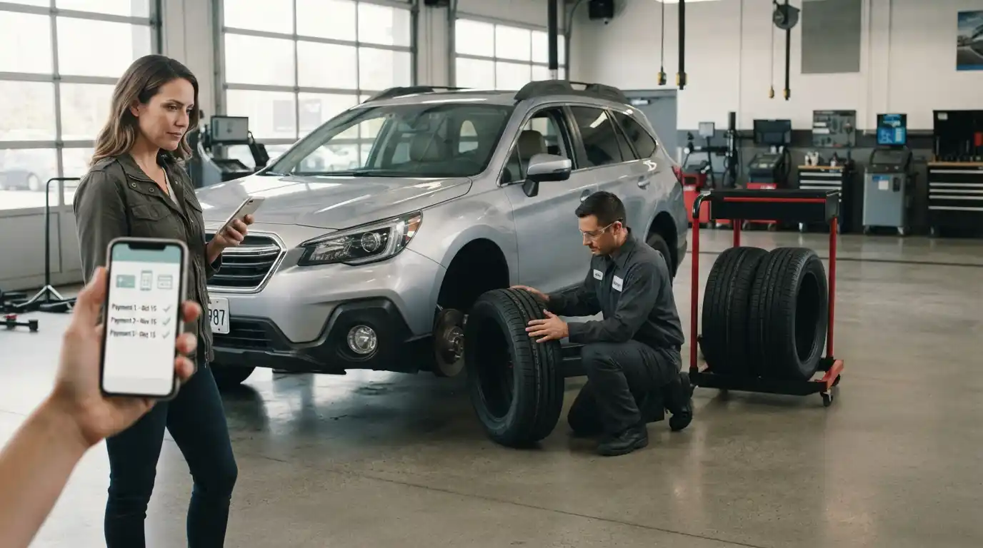 Vehicle with new tires being inspected at an auto service center alongside a payment-planning smartphone