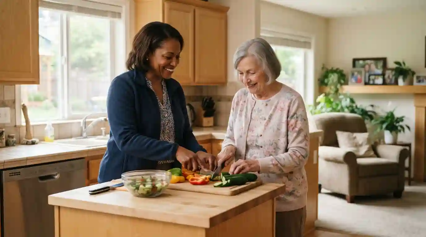 Caregiver assisting an older adult with an everyday activity in a comfortable home