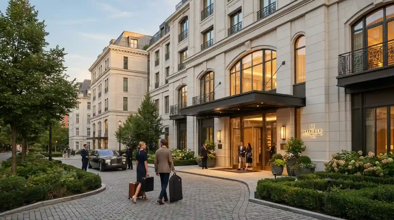Elegant luxury hotel exterior with travelers arriving at the entrance