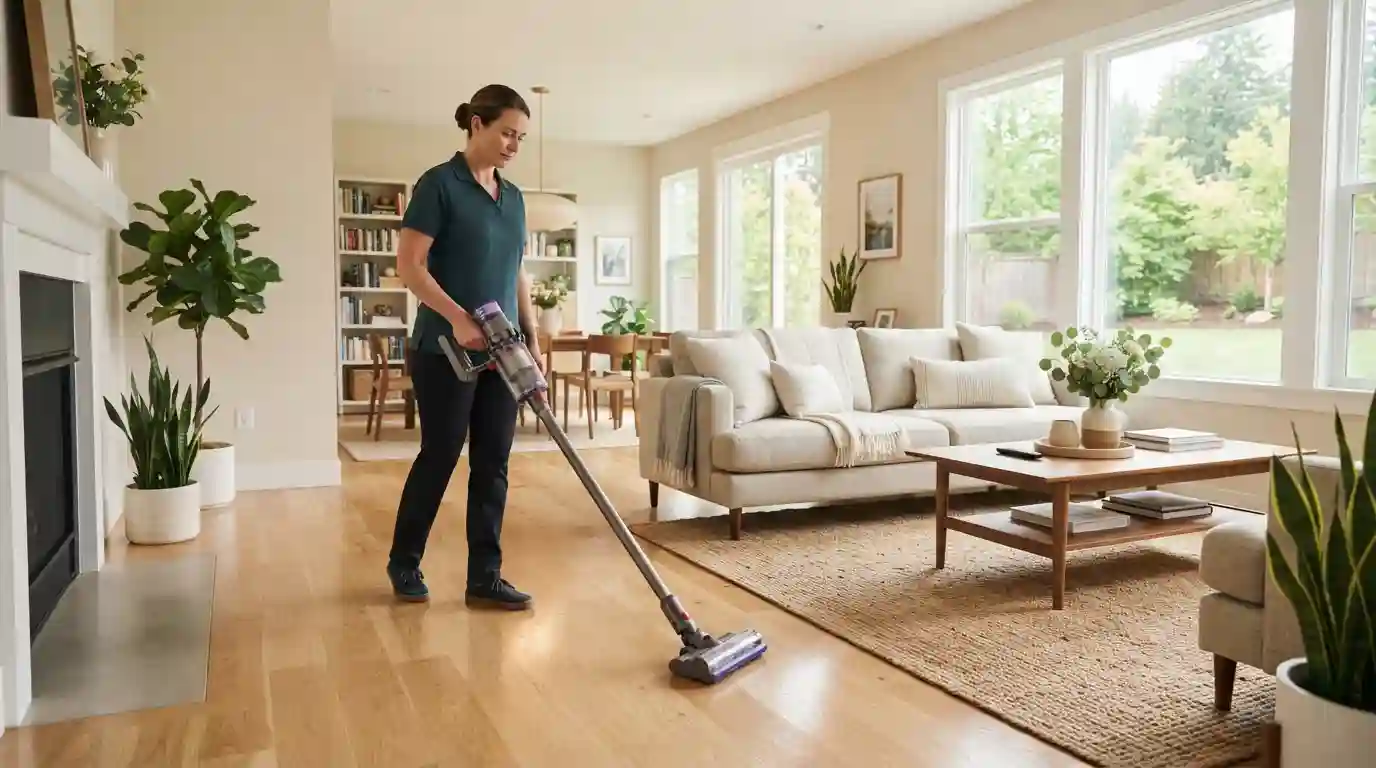 Professional cleaner maintaining a bright and tidy home living space