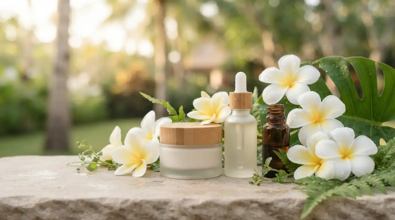 Plumeria flowers beside skincare products in a tropical-inspired setting