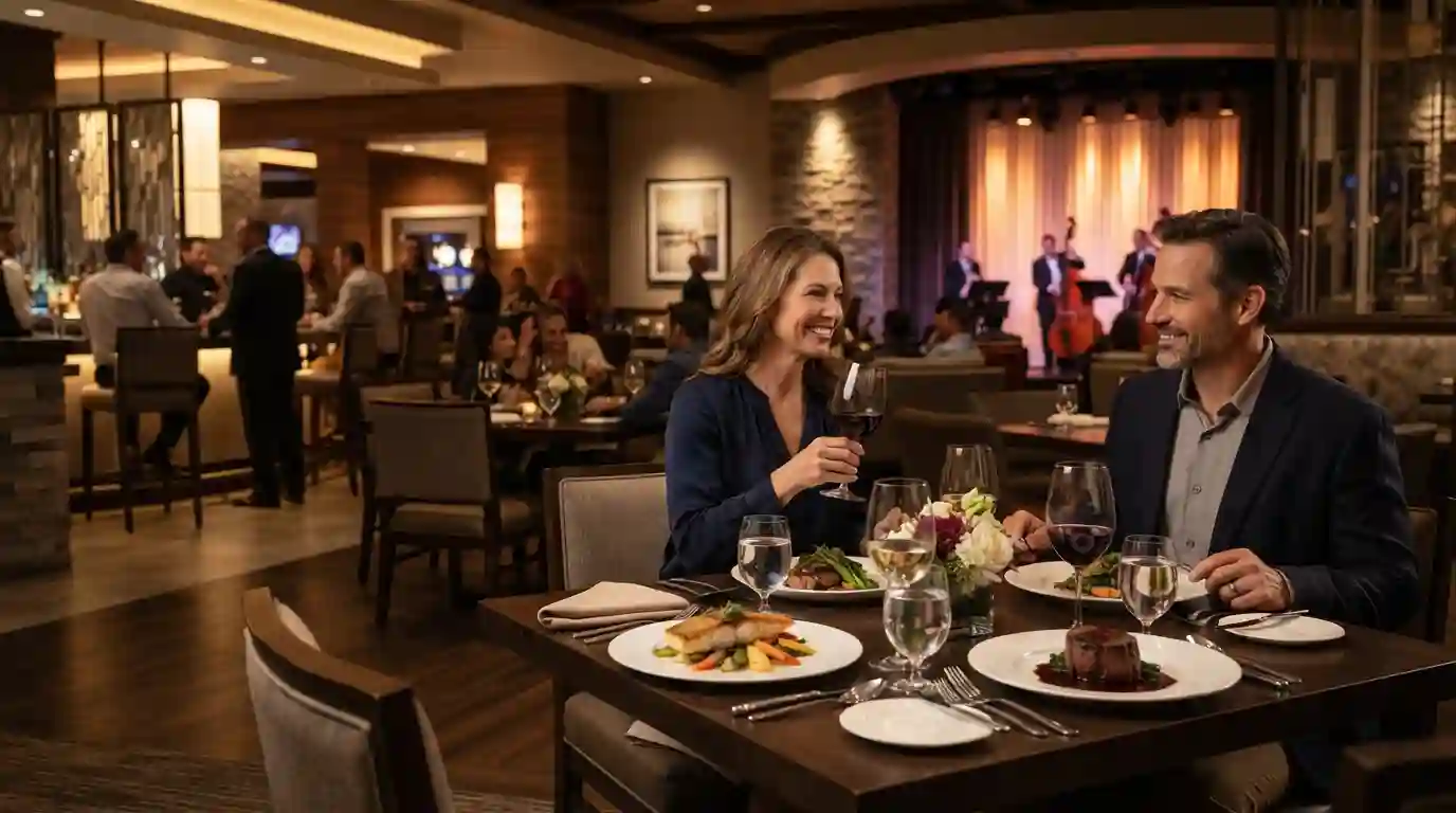 Elegant restaurant dining experience inside a casino resort with dinner and evening entertainment atmosphere