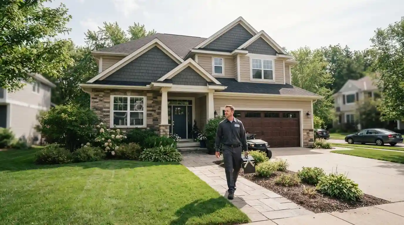 Professional home service technician with a toolbox outside a well-maintained modern suburban house