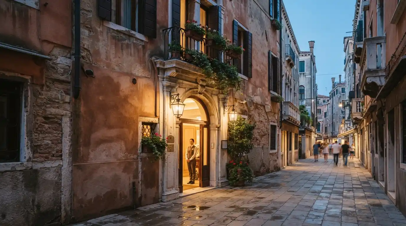 Historic Venetian hotel setting representing a stay at Hotel Lux Venice