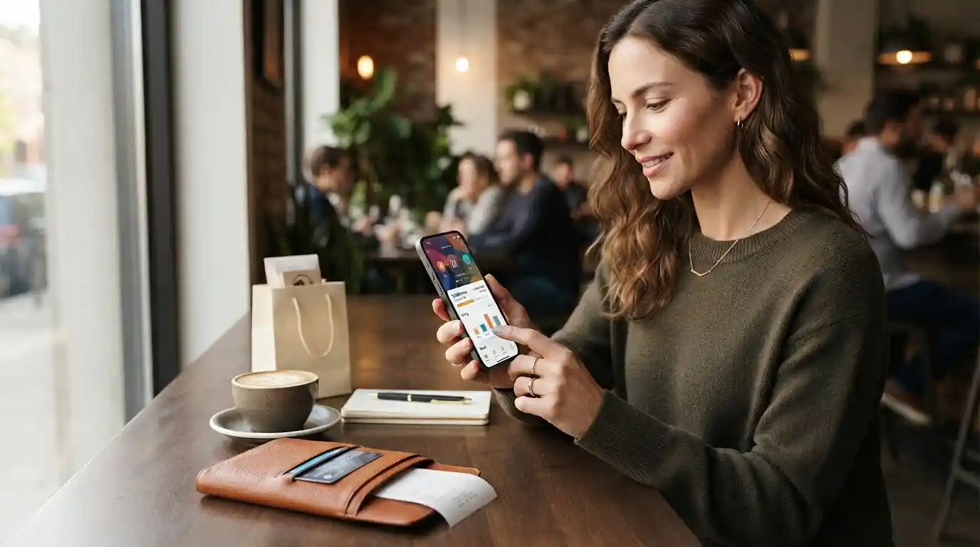 Professional reviewing rewards membership benefits on a smartphone at a modern café