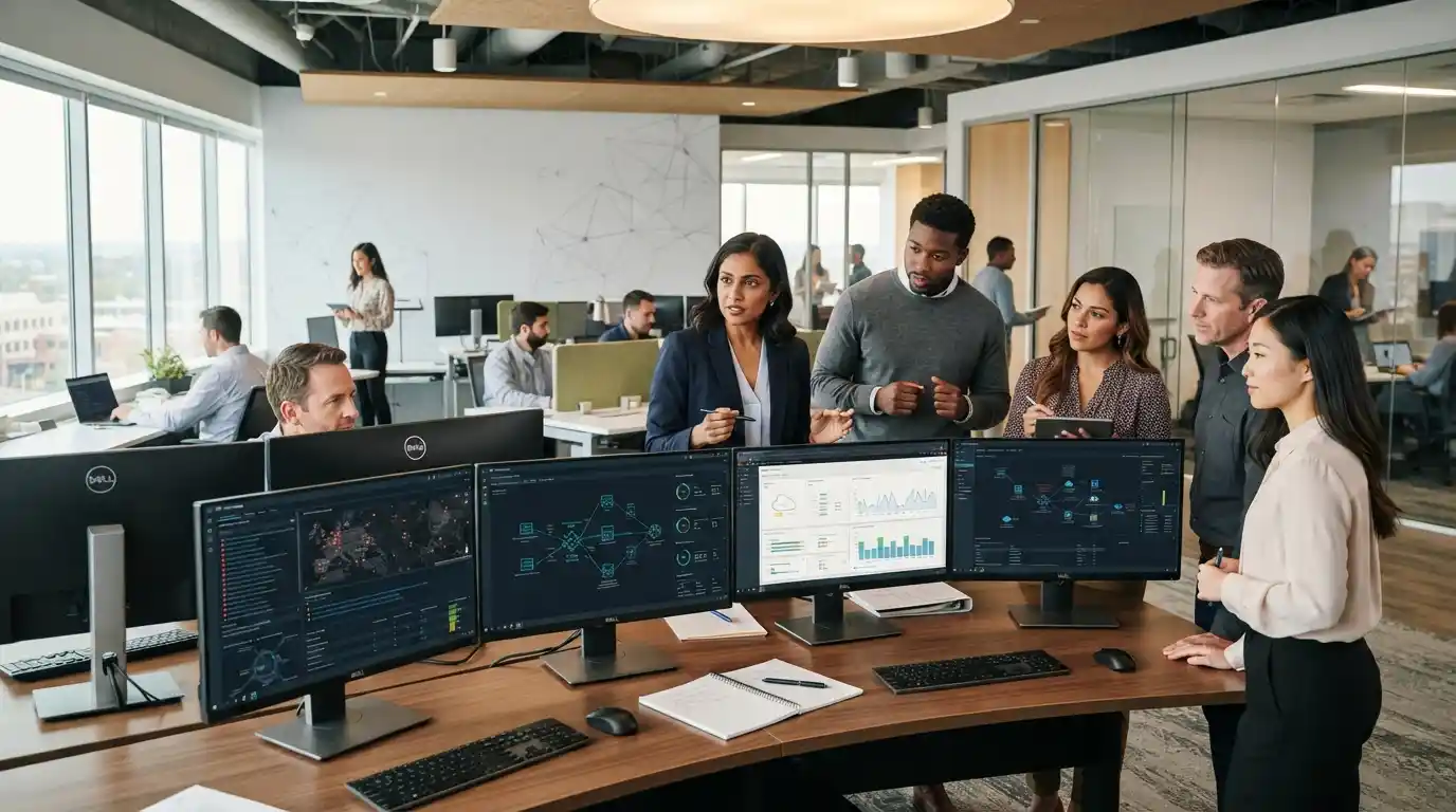 Technology professionals collaborating in a modern workplace while working on enterprise IT projects