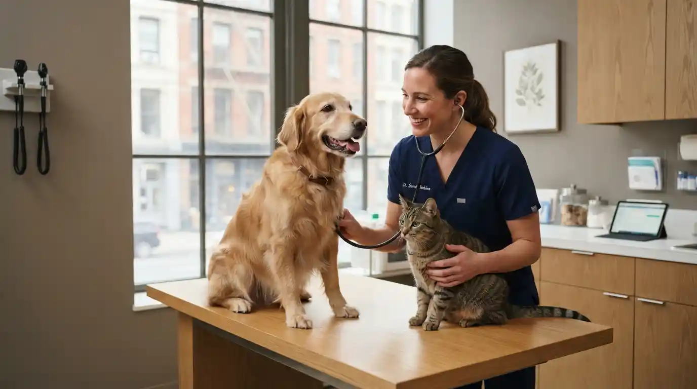 Veterinarian providing wellness care to a dog and cat in a modern veterinary clinic