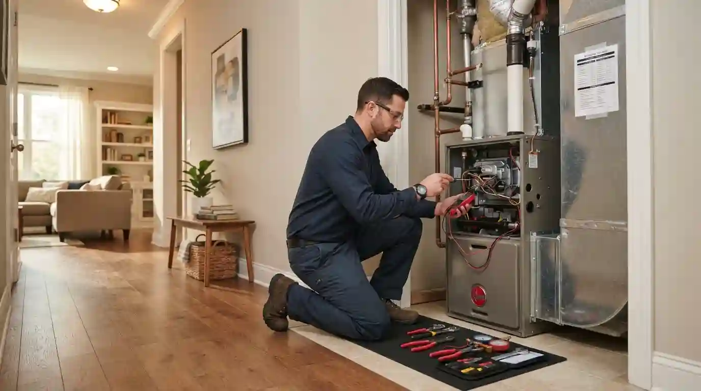Professional technician performing home maintenance inside a clean modern residence