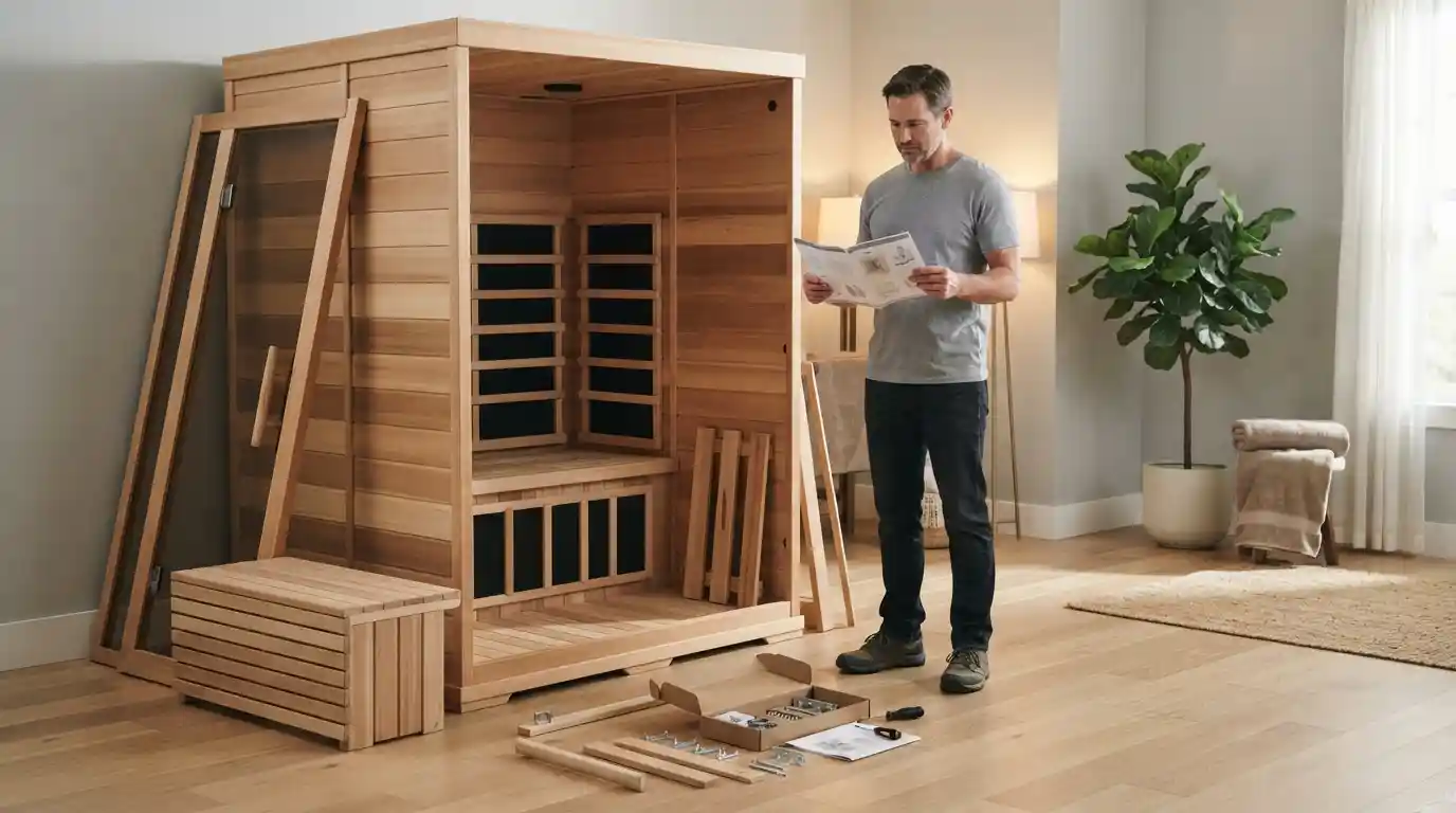 Home infrared sauna with an instruction manual and assembly components in a residential wellness room
