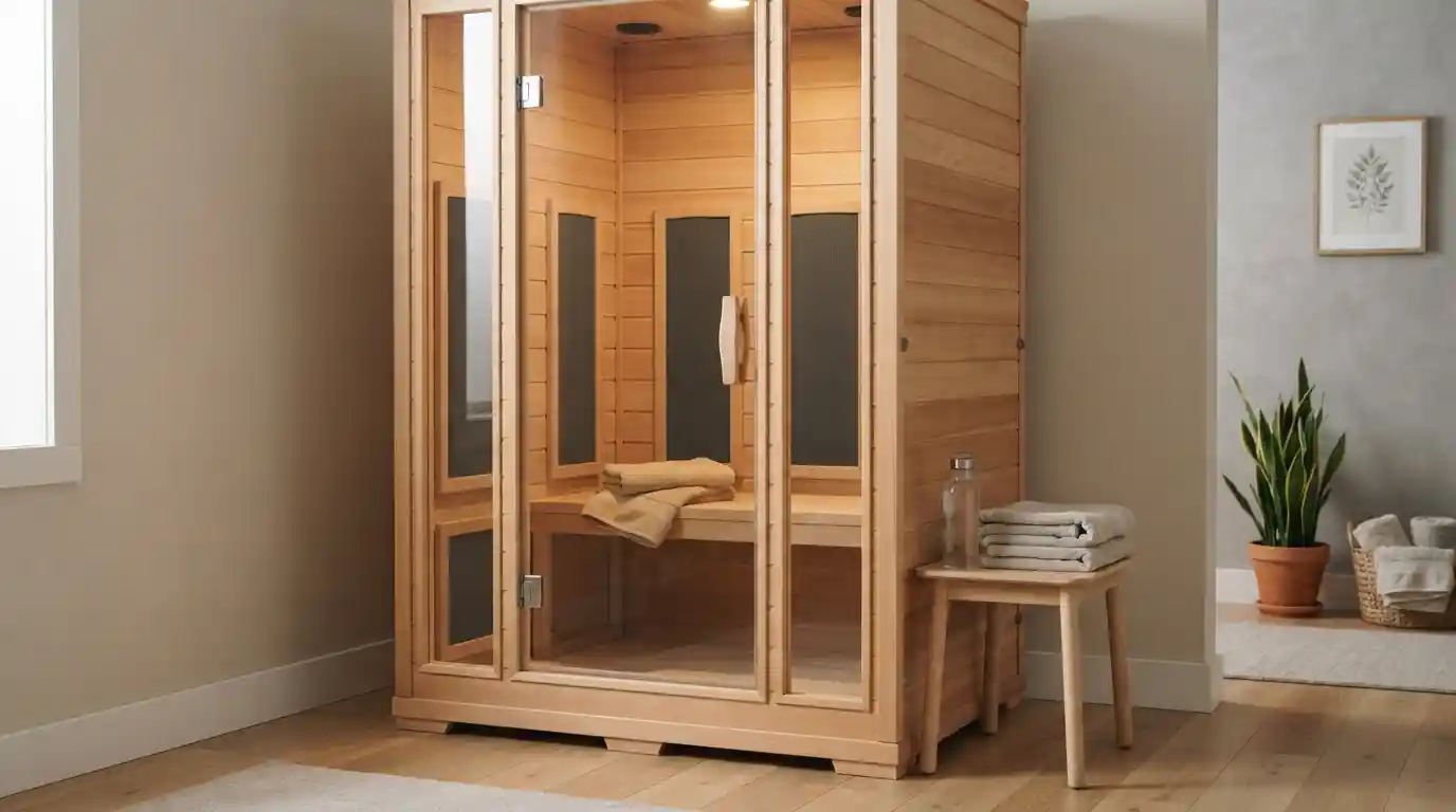 Wooden infrared sauna with glass door, bench, heating panels, and towels in a clean home wellness room